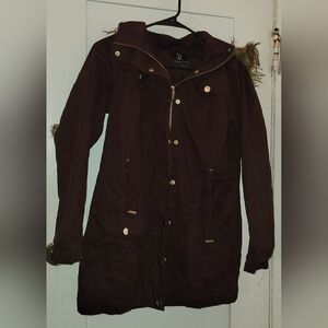 New York & Company Burgundy Anorak Jacket with Faux Fur Sz S